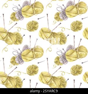 Garnstränge mit nahtlosem Muster aus Stricknadeln, Fäden und Nadeln. Graue und olivgrüne Hobbygarnbällchen. Handgezeichnete Illustration mit Aquarell Stockfoto