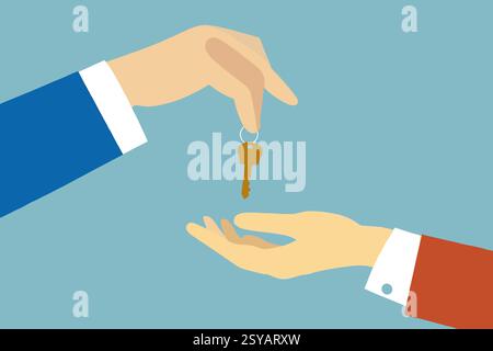 Eine Hand in einem blauen Anzug übergibt einen Schlüssel an eine andere Hand in einem roten Anzug, was den Übergang des Eigentums und die Begeisterung neuer Möglichkeiten symbolisiert Stockfoto