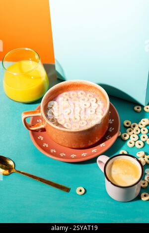 Eine lebhafte Frühstücksszene mit einer Schüssel Müsli mit Milch und einem Glas Orangensaft vor einem farbenfrohen Hintergrund. Stockfoto