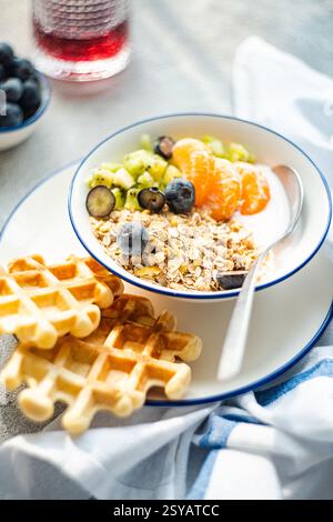 Eine nahrhafte Frühstücksschale gefüllt mit Müsli, Joghurt, Heidelbeeren, Kiwi und Mandarinenscheiben, begleitet von knusprigen Waffeln, serviert auf einem weißen pla Stockfoto