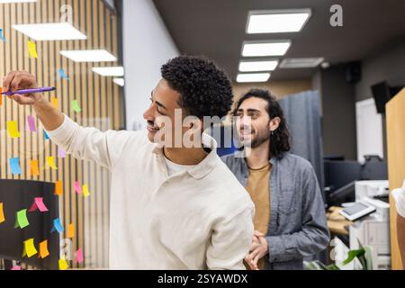 Zwei junge Fachkräfte nehmen an einem kreativen Brainstorming in einem Büro Teil. Man verwendet Haftnotizen auf einer Glasplatte, um Ideen zu skizzieren, während die OT Stockfoto