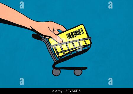 Eine stilisierte Illustration einer Hand, die ein Ticket mit einem Barcode in einen kleinen Einkaufswagen legt, vor blauem Hintergrund. Symbolisiert Handel und d Stockfoto