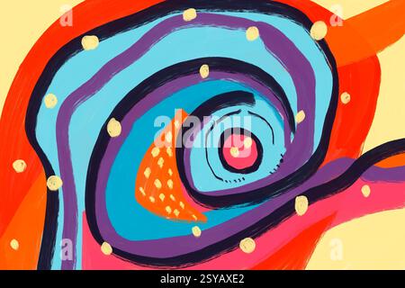 Dieses abstrakte Gemälde zeigt ein dynamisches Spiralmuster mit kräftigen, farbenfrohen Wirbeln in Orange, Lila und Blau, mit skurrilen weißen Punkten. Stockfoto