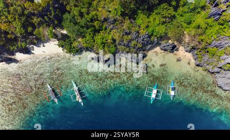 Ein Luftbild fängt traditionelle philippinische Boote ein, die auf dem klaren Wasser in der Nähe eines abgeschiedenen Strandes schwimmen, umgeben von dichter tropischer Vegetation Stockfoto