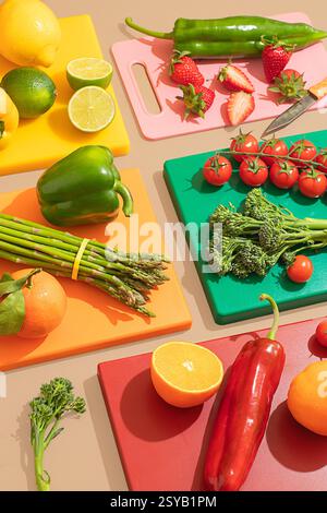 Eine Auswahl an frischem Obst und Gemüse auf bunten Schneidebrettern. Hell und lebendig, mit Erdbeeren, Paprika, Spargel, Orangen, und Stockfoto
