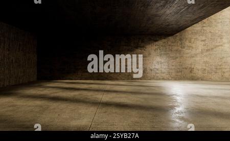 Ein abstrakter Blick auf einen leeren Betonraum mit strukturierten Wänden und Boden, beleuchtet von dramatischem Licht und Schatten, die ein stimmungsvolles, minimalistisches Atmo schaffen Stockfoto