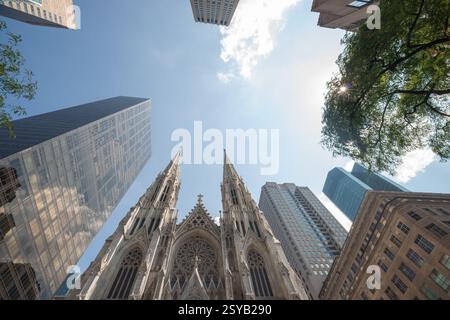 Ein beeindruckender Blick nach oben auf die berühmte St. Patrick's Cathedral, flankiert von hoch aufragenden modernen Glashochhäusern in Manhattan mit Sonnenlichtfilterung Stockfoto