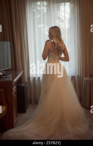 Silhouette einer Braut in einem langen Hochzeitskleid von hinten Stockfoto