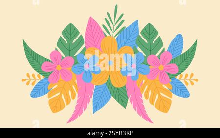 Horizontaler Rand mit bunten Blumen und tropischen Blättern Stock Vektor