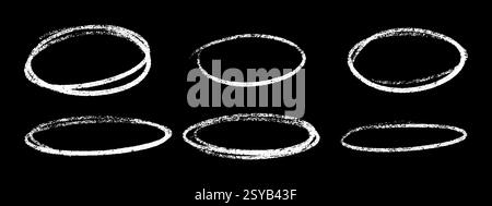 Buntstift Highlight Kreide Oval Set mit weißen strukturierten Strichen auf schwarzem Hintergrund. Stock Vektor