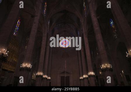 Rosenfenster, Rosenfenster der Westfront, Innenansicht, La Seu, Basilica de Santa Maria, Kathedrale St. Maria, Palma de Mallorca, Mallorca, Balearen Stockfoto