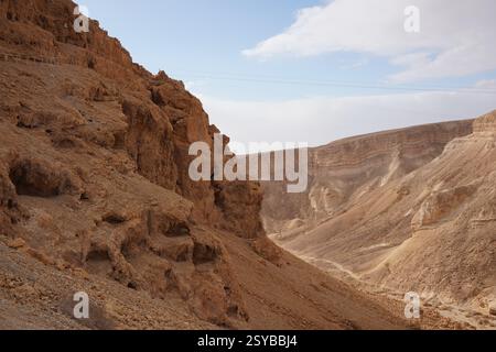 Israel Panoramablick von der Masada-Festung im Nationalpark in der Wüste Negev Judaean in der Nähe des Toten Meeres. Stockfoto
