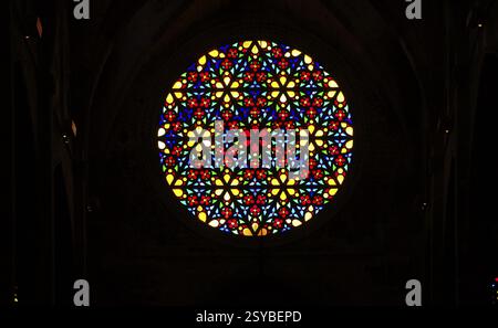 Rosenfenster, Rosenfenster der Ostfront, rund, Kirchenfenster, Innenansicht, La Seu, Basilika de Santa Maria, Kathedrale St. Maria, Palma de Major Stockfoto