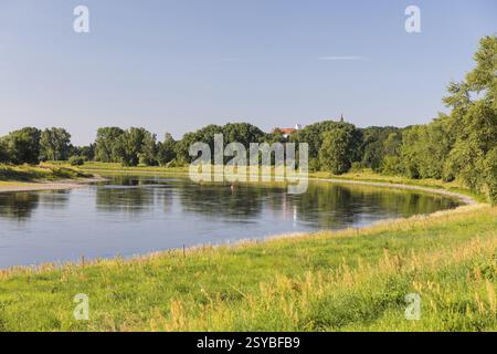 Elbbogen nördlich von Strehla am Nixstein, von weitem sehen Sie die Türme der Burg, Strehla, Sachsen, Deutschland, Europa Stockfoto