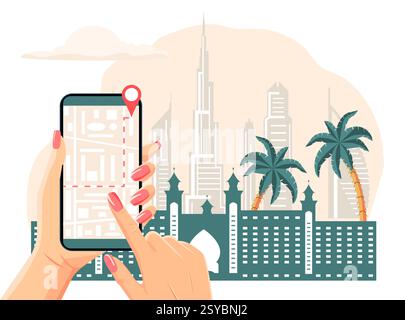 Vektorillustration Spaziergang durch die Stadt. Navigation. Hände halten das Handy und zeichnen die bewegliche Route auf dem Telefonbildschirm. Stadtplan. Lage Reise L Stock Vektor