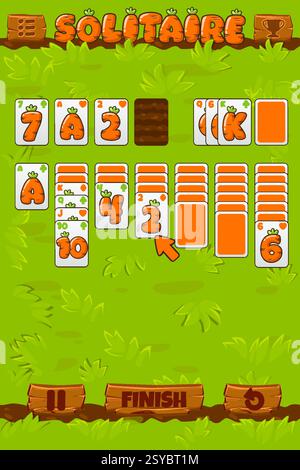Solitaire Game UI. Cartoon Poker Spielkarten in Karotten Textur auf dem Brett Spiel Top View - Gras. Druckknöpfe aus Holz. Ressourcen für die Entwicklung von 2D-Spielen Stock Vektor
