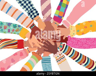 Hände gestapelt in einem Kreis multikultureller Kinder. Diversität Gleichstellung der Schuleinbindung. Konzept der Einheit oder Solidarität der Bildungsgemeinschaft. Isoliert Stock Vektor