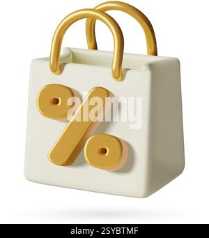3D-Einkaufstasche mit prozentualem Verkauf. Realistisches weiß- und Goldrendering. Vektorabbildung Stock Vektor