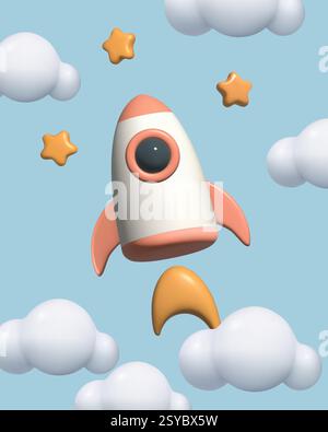 3D Raketensterne und Wolken Set Spielzeug Cartoon fliegende Raumschiff dreidimensionale Vektor Illustration Stock Vektor