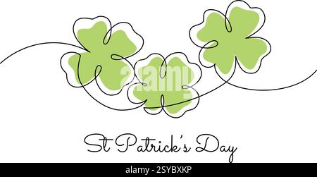 St. Patricks Day Minimal One Line Art Grußkarte Typografie mit Klee und Schriftzug Stock Vektor