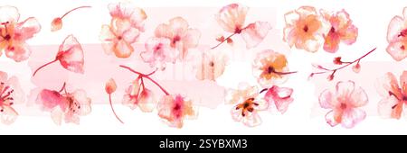 Frühlingsblumenhintergrund, ein horizontales Banner mit abstrakten Aquarellblumen und pastellrosa Pinselstrichen, nahtloser Rand Stockfoto