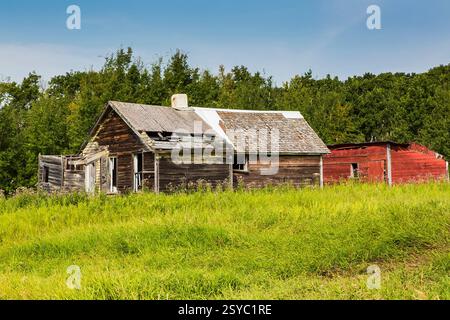 Kleines Haus mit rotem Dach auf einem grasbewachsenen Feld. Das Haus ist alt und hat viel Schaden Stockfoto