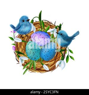 Osterkomposition mit Nest, bunten Eiern, Schneeglöckchen, Weidenweben, blauen Vögeln Stockfoto