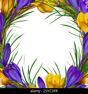 Osterrahmen, Banner, Vorlage mit gelben und violetten Krokussen, grüne Zweige Stockfoto