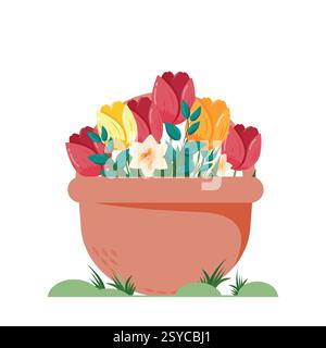 Blumenstrauß im Frühling in einem Korb mit Tulpen und Narzissen Blumen. Festliche Grußkarte. Stock Vektor