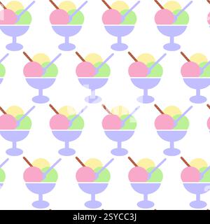 Drei bunte Eiskugeln in der Eisschale nahtloses Muster Süßes Dessert Hintergrundkonzept . Isolierte Vektor-Illustration Thematische Karten, Druckmaterialien oder Web-Werbebanner, Broschüren, Preis Stock Vektor