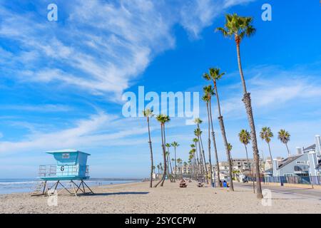 Oceanside, Kalifornien - 27. Dezember 2024: Lebhafter Strand in Oceanside, Kalifornien, mit Rettungsschirmturm, Palmen, Sandstrand und Hell Stockfoto