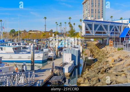 Oceanside, Kalifornien - 27. Dezember 2024: Lebendiger Yachthafen in Oceanside, mit Booten neben modernen Gebäuden, die die Aktivitäten an der Küste einfangen. Stockfoto