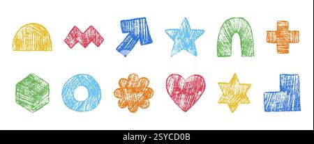 Einfache geometrische Formen, die mit einem farbigen Bleistift gezeichnet wurden. Sammlung abstrakter Figuren mit Grunge-Textur. Pfeil, Herz, Blume, Sechseck, Kreuz und andere. Stock Vektor