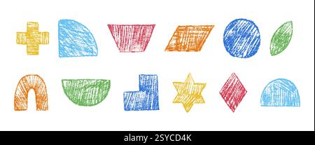 Kreidebleistiftfiguren. Satz handgezeichneter abstrakter geometrischer Formen im Skizzenstil. Pastell-Grunge-Textur. Farbige Bleistiftvektor-Illustration ist Stock Vektor