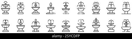 Springbrunnen-Symbol. Bearbeitbare Kontur. Set aus schwarzen linearen Symbolen des Brunnens. Springbrunnen-Symbol. Vektorabbildung Stock Vektor