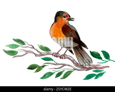 Vogel auf einem Baumzweig. Handgezeichnete Aquarellillustration Stockfoto