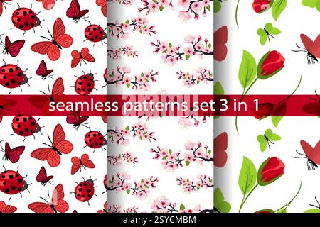 Farbenfrohe nahtlose Musterkollektion mit Schmetterlingen, Marienkäfern und Blumenmotiven für lebendige Textil- und Tapetenprojekte Stock Vektor