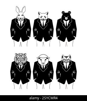 Tier-Geschäftsmann-Set. Hase und Katze, Löwe und Bär. Schafe und Tiger im Business-Anzug Stock Vektor