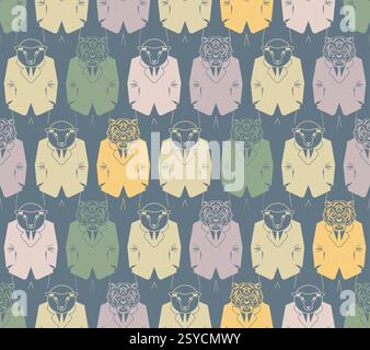 Tiger und Schafe Geschäftsmann Muster nahtlos. Leopardentiger und Widder im Business-Anzug-Hintergrund. Bestialische Boss-Textur. Stock Vektor