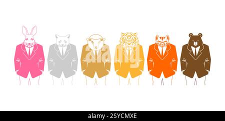 Tier-Geschäftsmann-Set. Hase und Katze, Löwe und Bär. Schafe und Tiger im Business-Anzug Stock Vektor