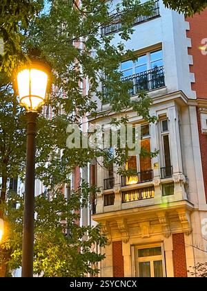 Beleuchtete Straßenbeleuchtung und Fassade des Gebäudes. Jose Ortega y Gasset Street, Madrid, Spanien. Stockfoto