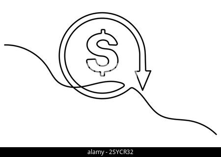 Dollarsymbol durchgehende einzeilige Zeichnung mit Dollarzeichen Umrissvektorillustration Stock Vektor