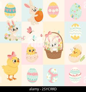Entzückendes Set mit Osterhasen, Hühnern, bunten Eiern und Frühlingsblumen. Nahtloses Muster Stock Vektor