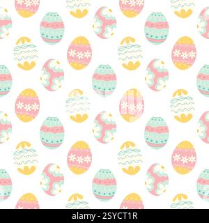 Ein wunderschönes nahtloses Muster mit dekorierten Ostereiern in sanften Pastellfarben. Ideal für Textilien, Geschenkpapier und Hintergrunddesigns. Stock Vektor