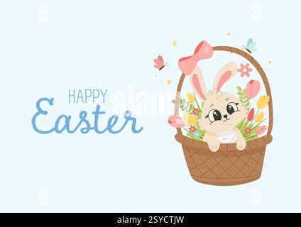 Ein entzückender Osterhase sitzt in einem gewebten Korb voller Frühlingsblumen. Perfekt für Grußkarten, Weihnachtsmotive und Dekorationen. Stock Vektor