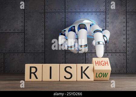 Weiße Roboterhand, die einen Holzspielzeugblock dreht, um zwischen hohem und niedrigem Risiko zu wählen. Anlageunsicherheit, Finanzanalyse und Fondsratings Stockfoto