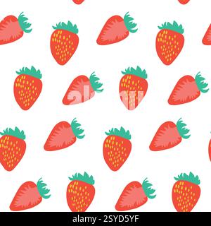Nahtloses Muster mit hellen roten und grünen Cartoon-Erdbeeren auf weißem Hintergrund Stock Vektor