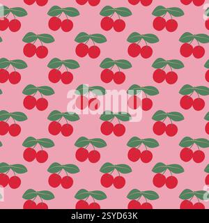 Nahtloses Muster mit hellen roten Kirschen und grünen Blättern auf rosa Hintergrund Stock Vektor