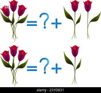 Erziehungsspiele für Kinder, zur Zusammensetzung der drei, Beispiel mit Tulpen. Stock Vektor