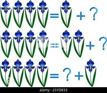 Lernspiele für Kinder, zur Zusammensetzung der vier, Beispiele mit Blumen. Stock Vektor